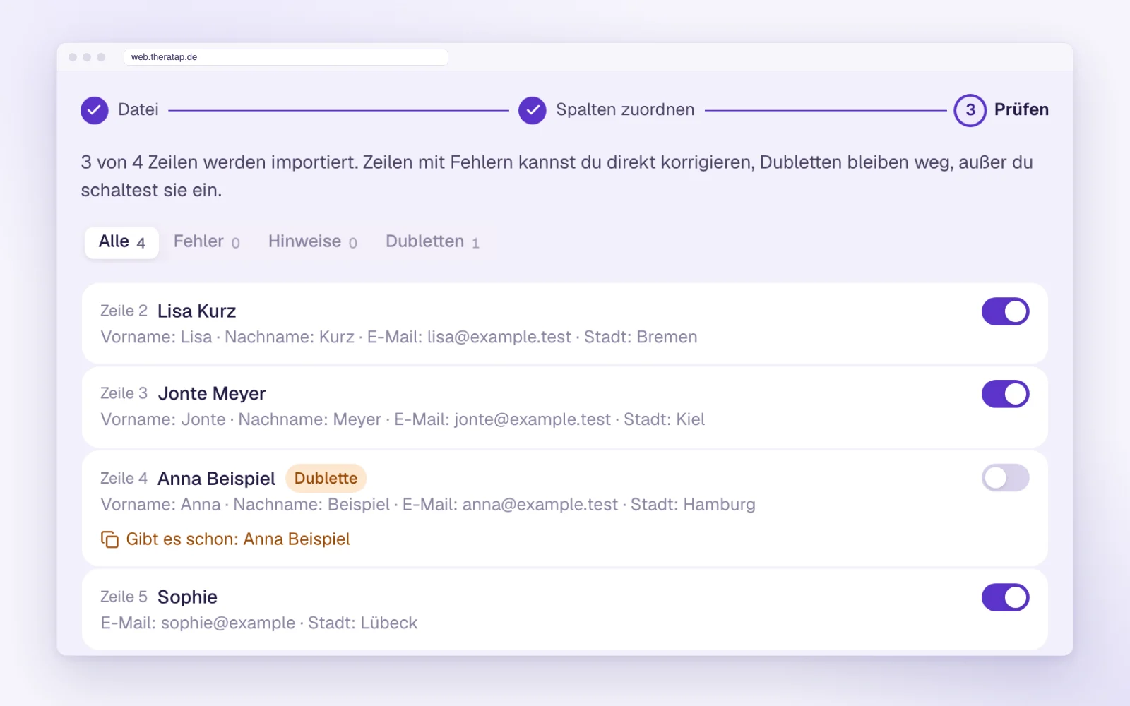 Prüfansicht des Import-Assistenten mit erkannter Dublette