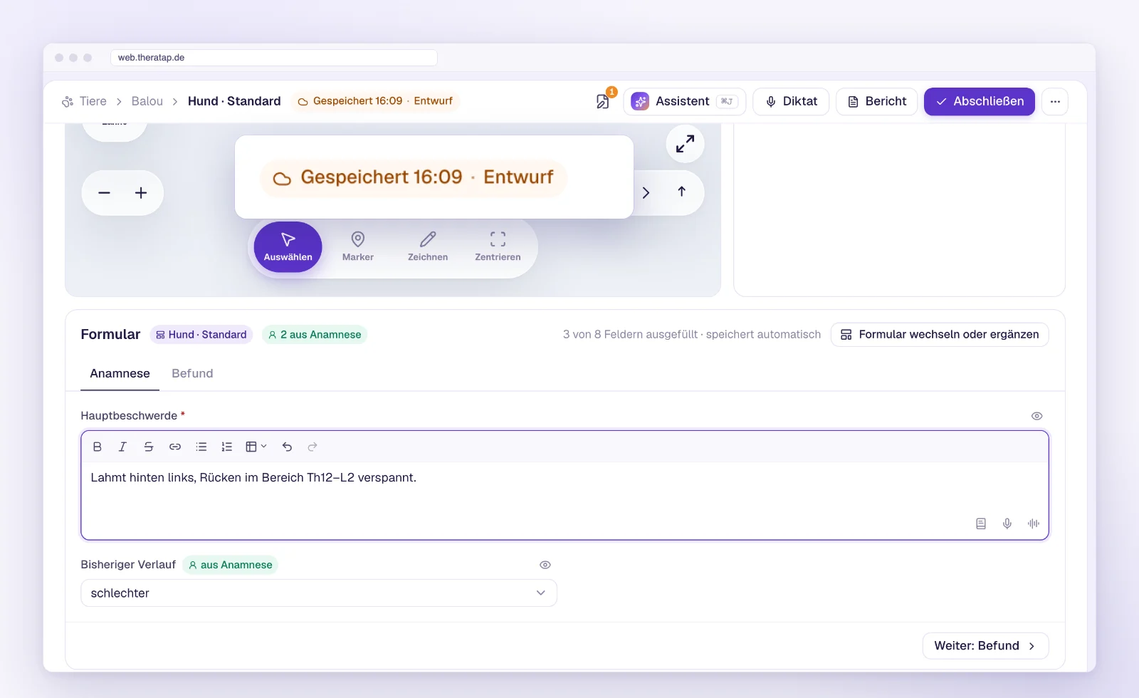 Eintrag mit Speicherstand „Gespeichert · Entwurf“ in der neuen TheraTap-Web-App